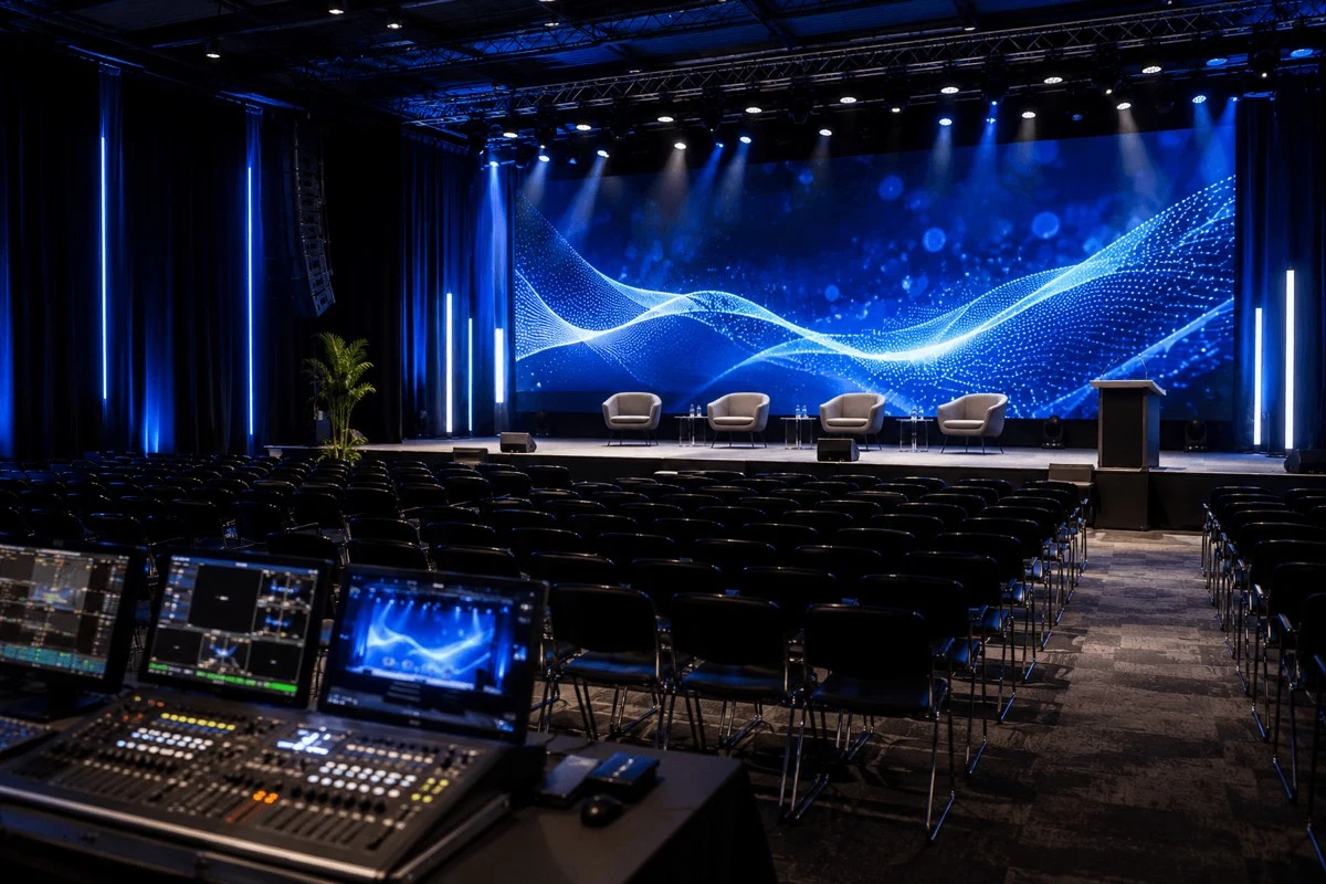 Conference stage with LED wall and production control position
